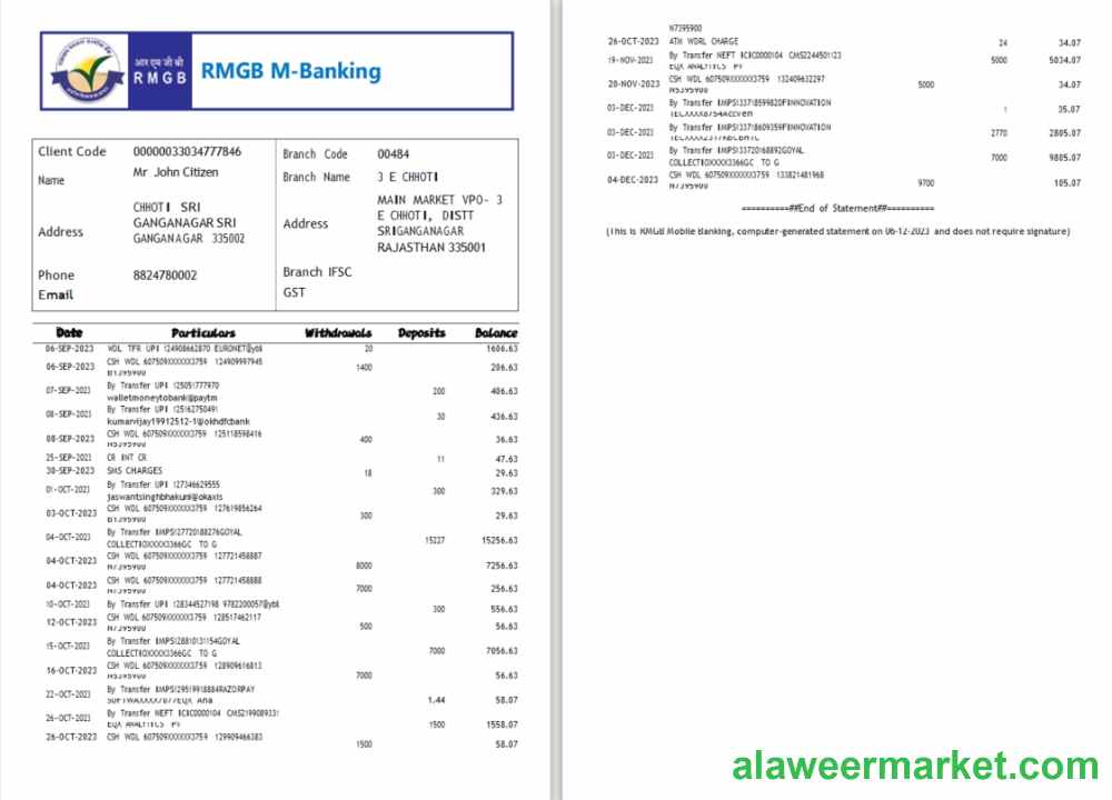 India RMGB bank statement Word and PDF template, 2 pages scr